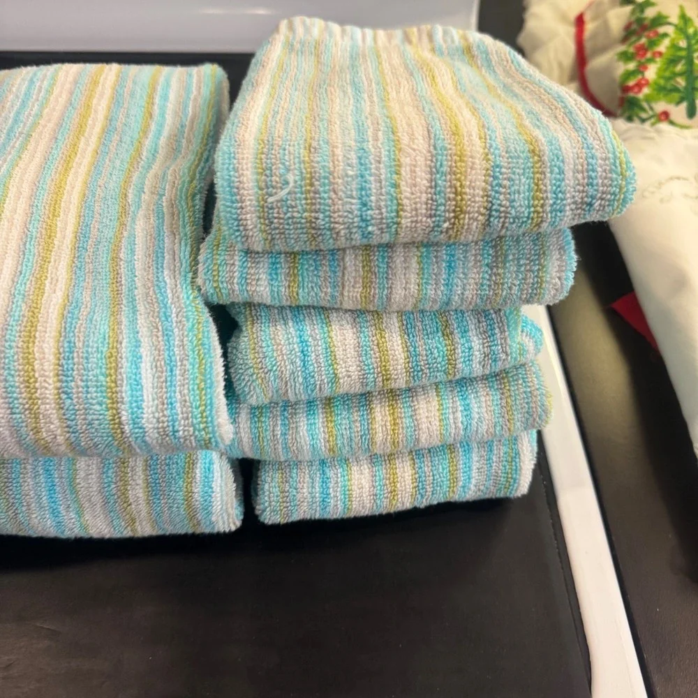 Soho Living Bath Towel Set 9 Piece Blue Green Striped 100% Cotton Coastal